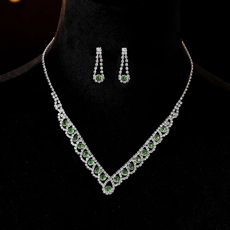 Wedding Green Sparkly Water Drop Rhinestone Necklace Earrings Two Piece Jewelry Set 2024 - Flycurvy 