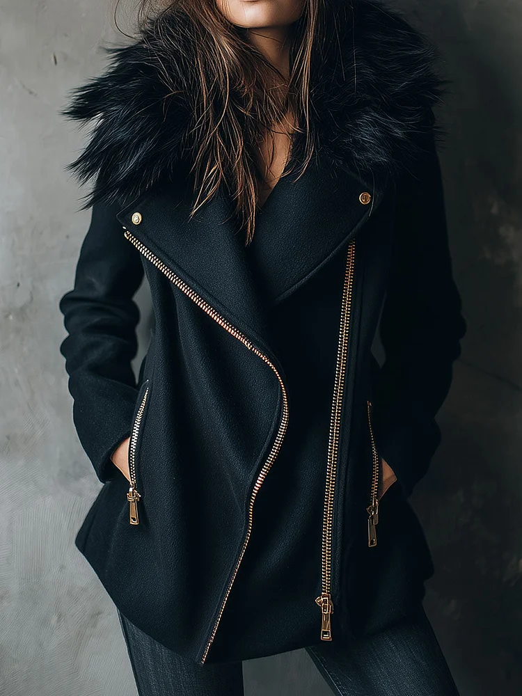 Black Eco Fur Collar Wool Blend Asymmetrical Zip Moto Coat