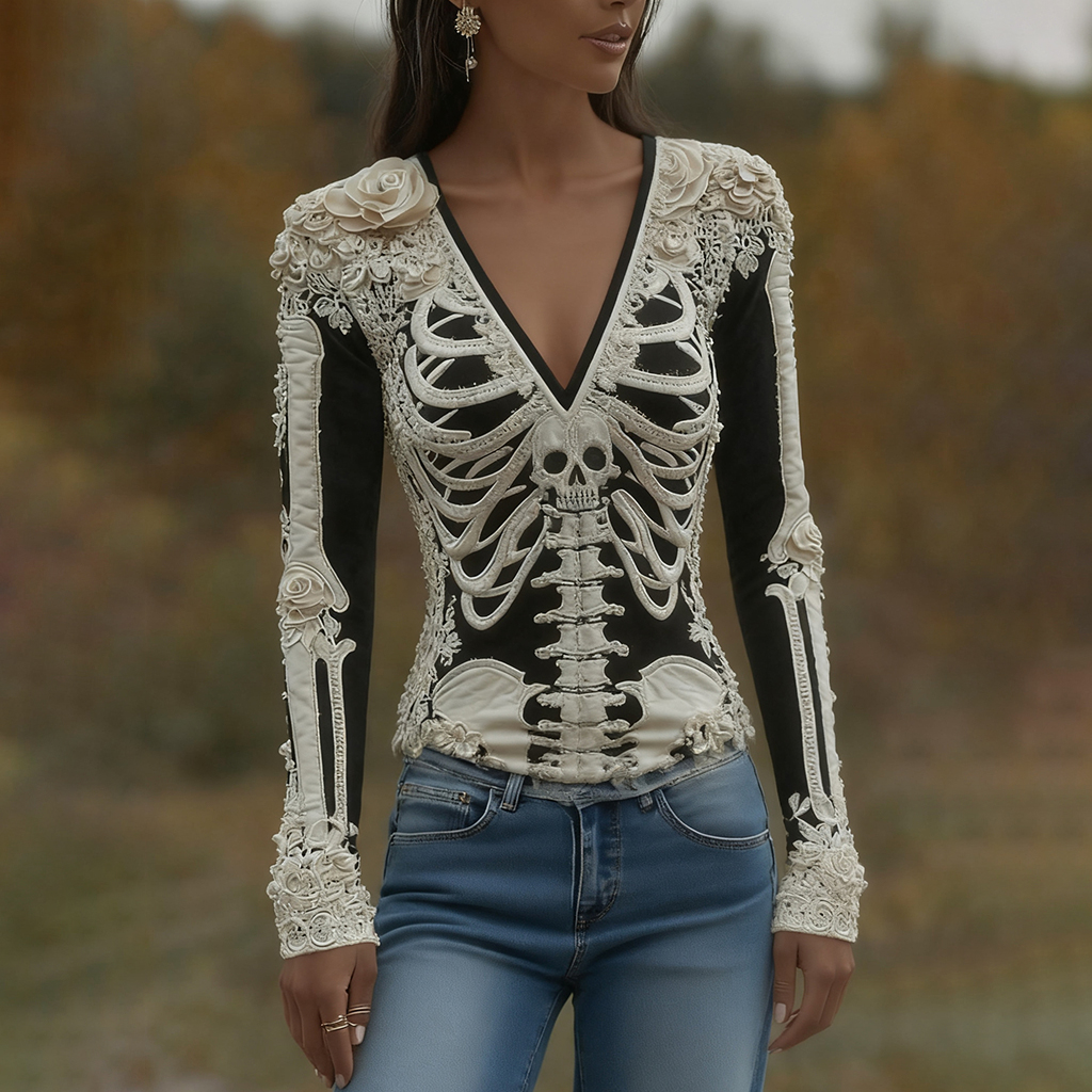 Women's Halloween Skeleton Bones With Roses And Skull Art Casual Long Sleeve V Neck T-shirt wearshes