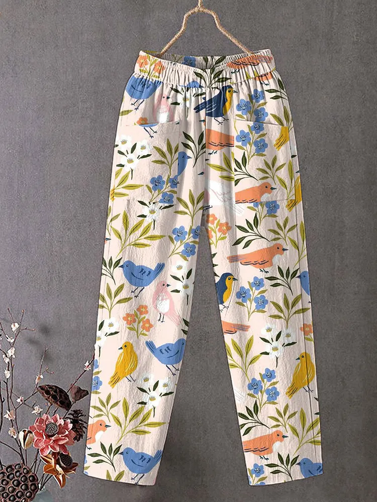 Women's Vintage Flower Bird Art Print Cotton And Linen Casual Pants