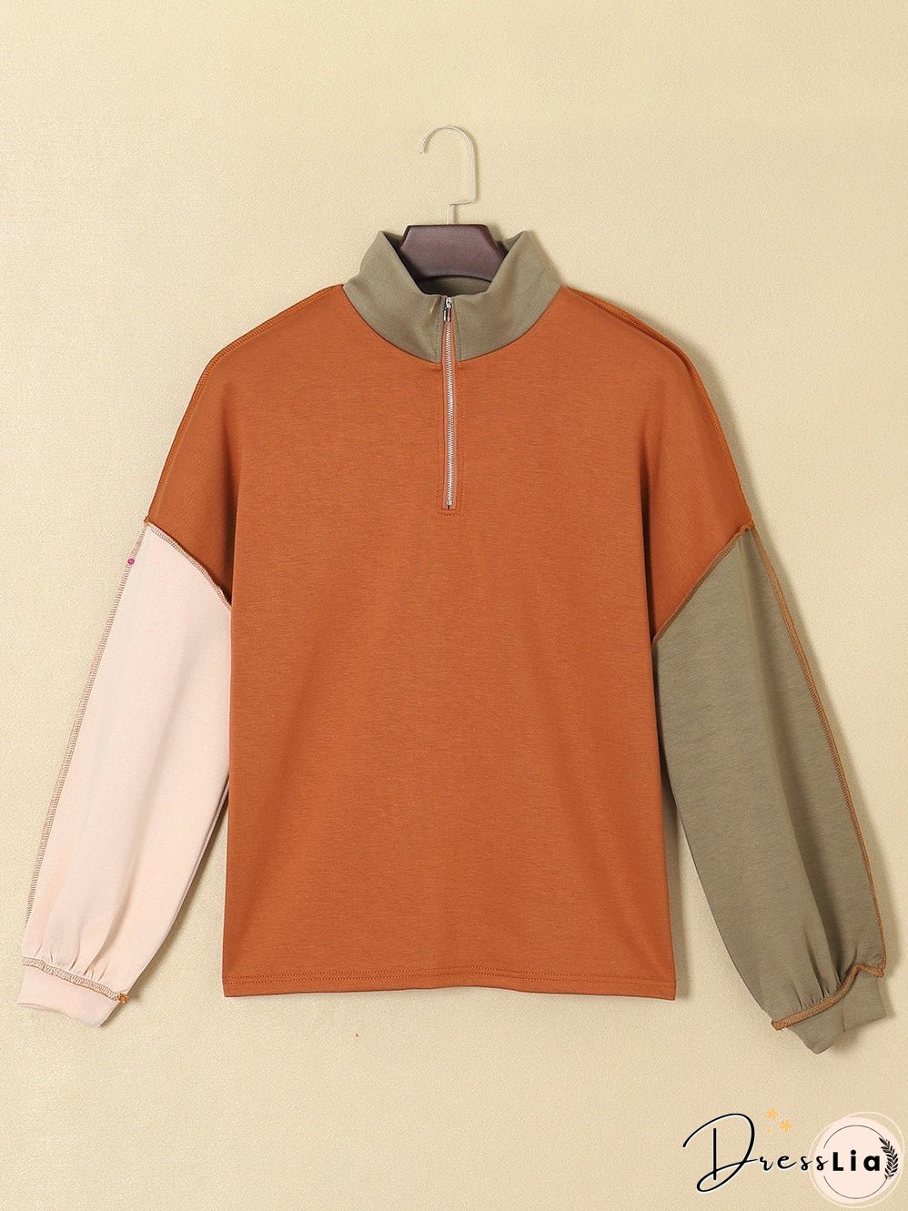 Khaki Zippered V-Neck Color Block Sweatshirt