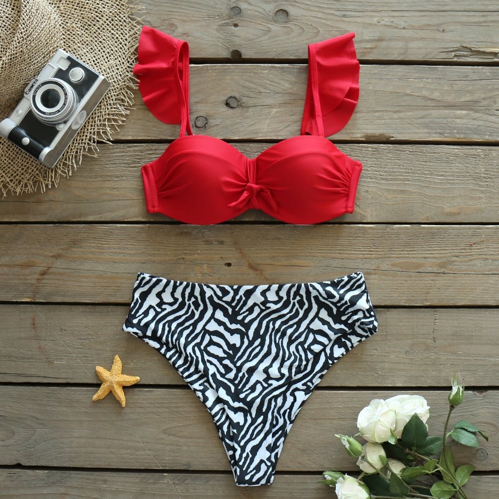 2021 New Push Up Sexy Bikini Set High Waist Swimsuit Women Swimwear Ruffle Bandage Bathing Suit Beachwear Swimming biquini