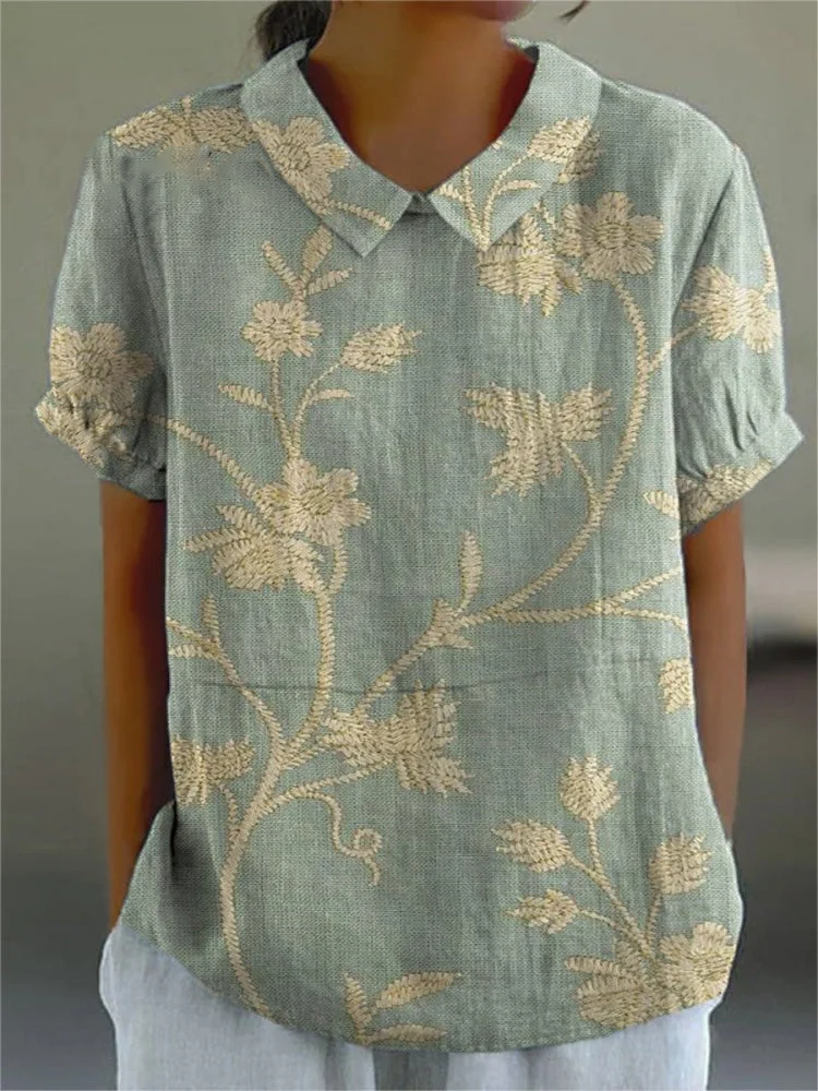Womens Artistic Elegant Floral Pattern Casual Cotton And Linen Top