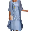 Women's Dress Set Lace Dress Midi Dress Light Blue Green Gray Half Sleeve Floral Embroidered Layered Patchwork Fall Spring Crew Neck Elegant Chinoiserie 2022 M L XL XXL XXXL 4XL 5XL