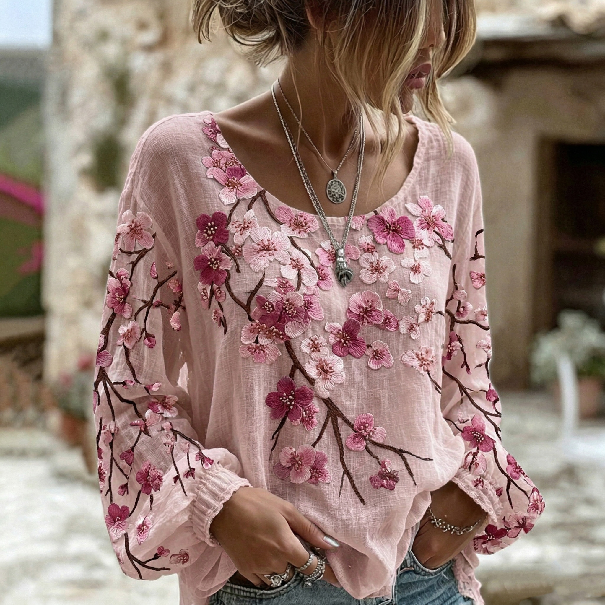 Women's Sakura Art Crew Neck Long Sleeve Linen Blend T-shirt elevenforest