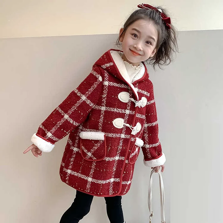 レッド チェック柄 フード付き ファッション 女の子 子供 幼児 裏起毛 コート