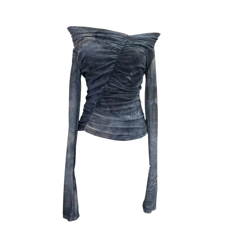 Uveng Real Shot Shoulder Tie-Dye Printing Mesh Hooded Design Long-Sleeved Irregular Folding Repair T-Shirt 9930