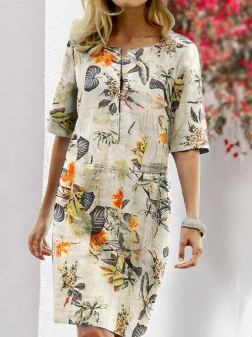 Floral Print Slit Half Sleeve Vintage Dress