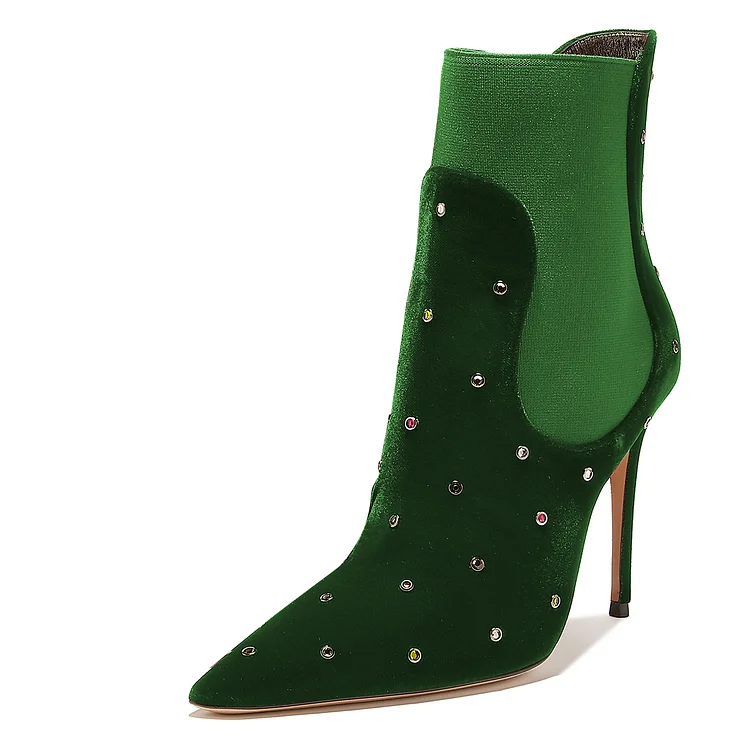 Green Velvet Boots Rhinestone Embellished Stiletto Heel Chelsea Boots |FSJ Shoes