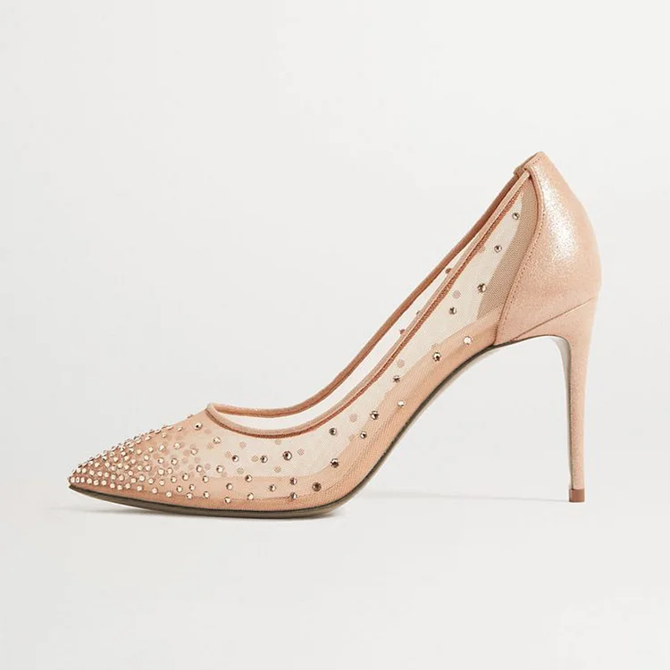 Classic Nude Stiletto Heel Women'S Pointed Toe transparent Pump Wedding Rhinestones Shoes |FSJ Shoes
