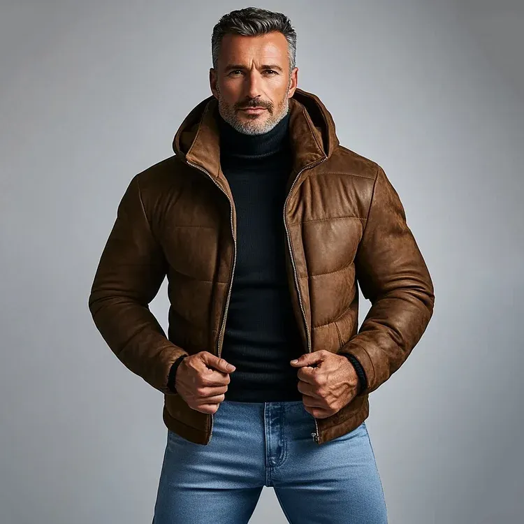 Mens Casual PU Leather Zipper Hooded Cotton-Padded Jacket-INSPIREUSE