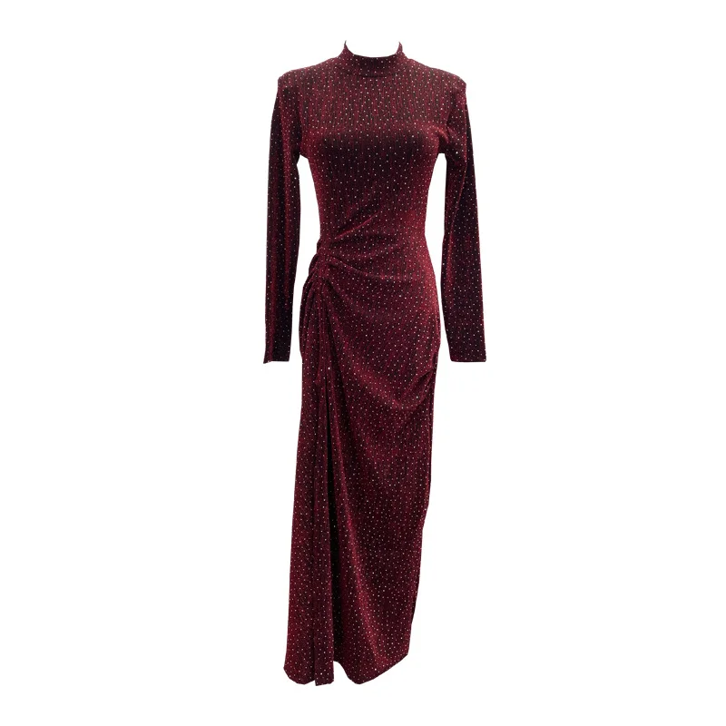 Uveng Design Sexy High Open Fork Folded Small Squint Dress Half-High Collared Shoulder Dress 8872