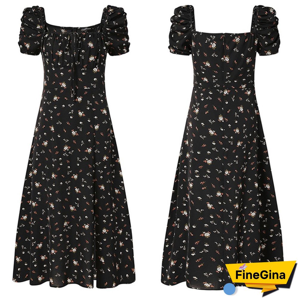 Women Summer Puff Short Sleeves Maxi Dress Floral Print Bohemian Square Collar Party Casual Long Dresses Plus Size