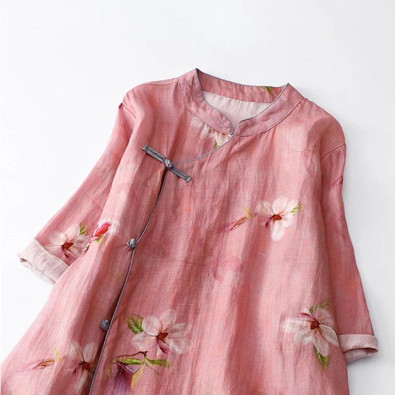 Vintage Japanese Art Floral Cotton Linen Maxi Dress