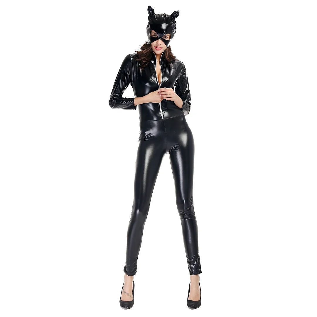 Club Uniform Patent Leather Cat Girl Unisex Motorcycle Halloween Party Sexy Costume Suit Novameme