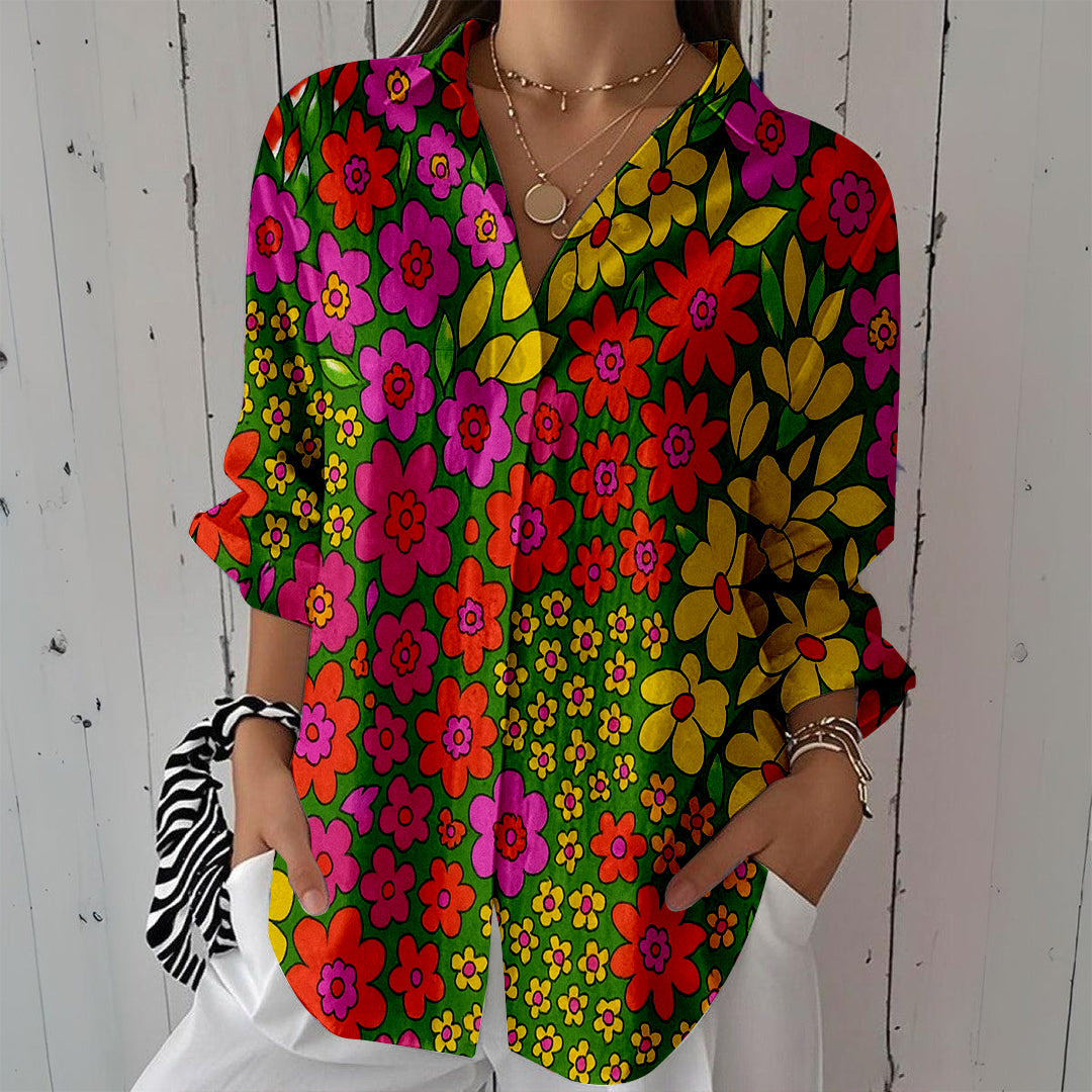 Women Long Sleeve V-neck Graphic Floral Printed Top