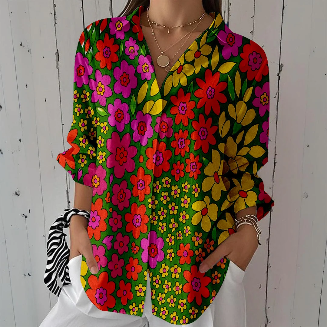 Style & Comfort for Mature Women Women Flowers, Green, Red, Yellow DZCL0395 3/4 Sleeve Shirt Collar Printed Button Tops
