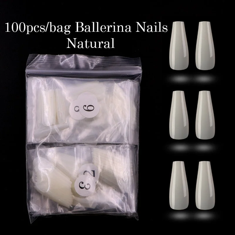 Lamemoria 100/500pcs/opp/box Fake Nails Coffin Nail Tips Press on Nails Natural Clear Long Ballerina DIY False Nail Full Cover-Nail Inspo