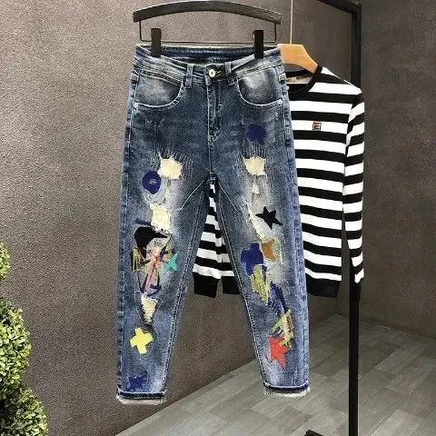 Harajuku New Spring and Summer Slim Work Korean Clothing Slim Luxury Embroidery Work Wear Overalls Hip-hop Streetwear Pants Men