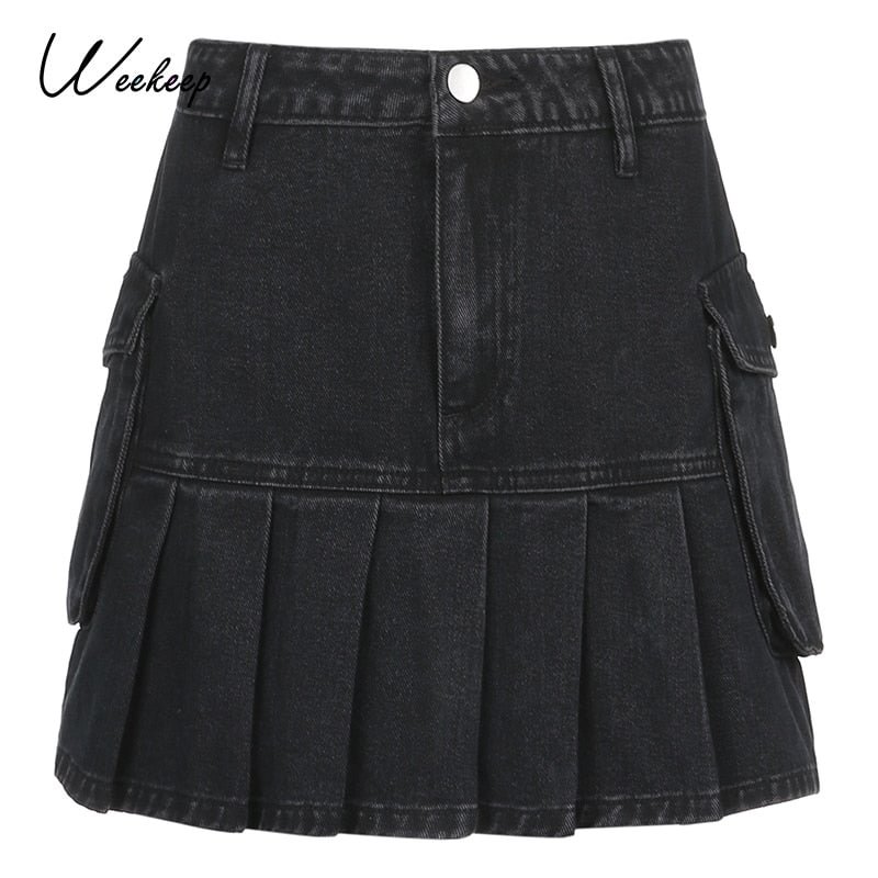 Weekeep Black Pleated Skirts Women Denim Skirt New Aesthetic Streetwear Ruffle Mini Sexy Skirts Harajuku Elegant 2021 Bottom 90s