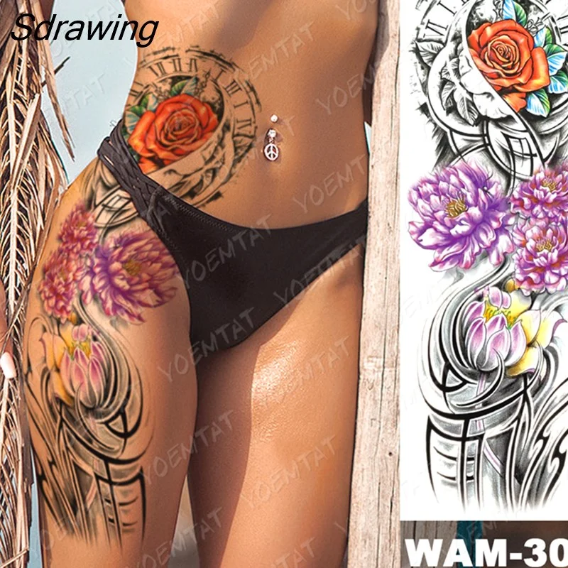 Sdrawing Arm Sleeve Tattoo Japanese Wave Waterproof Temporary Tattoo Sticker Lily Peacock Men Full Tiger Fox Tatoo Body Art Women