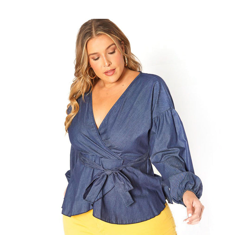 Plus Size Spring Solid Color Office Blue Long Sleeved Sexy V-neck Ruffled Pullover Women Wear Top