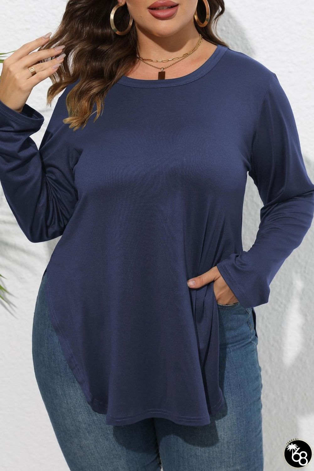 Tibetan Blue Casual Solid Slit O Neck Plus Size Tops | 168DEAL
