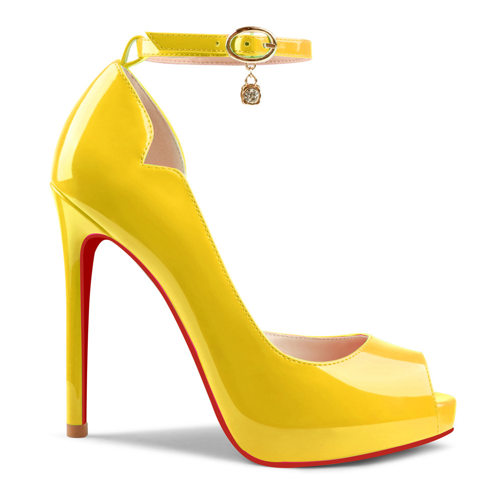120mm Red Bottom Pendant Elastic Strap Slingback Sandals Peep Toe Platform Stilettos Patent Heels-MERUMOTE