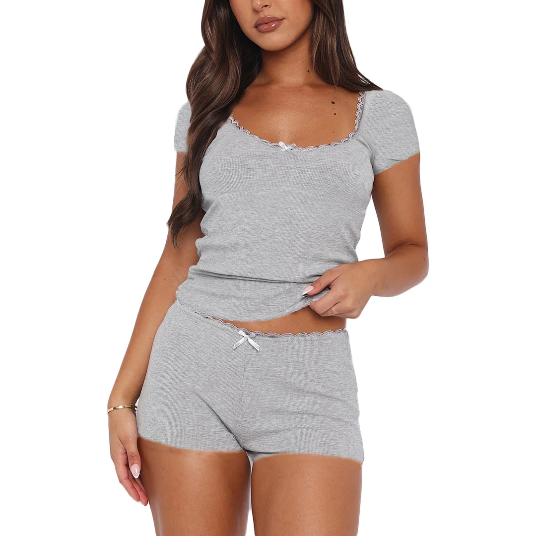 Uveng Lace Splicing Home Two-Piece Set Of Body-Repair Collar Knitting Short Suit Women's Multi-Color Leisure Suit