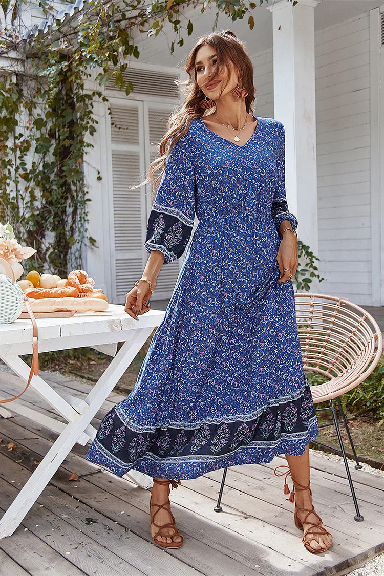 Boho Print Puff Sleeve Loose Maxi Dress Blue