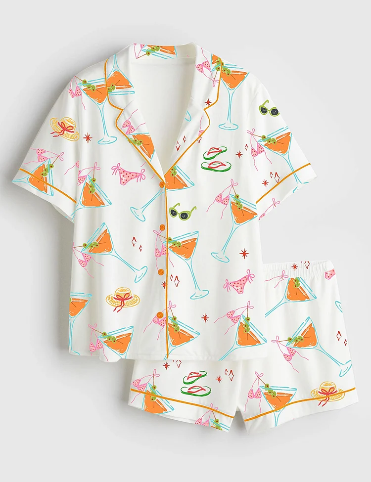 Women&rsquo;s Bikinis And Martinis Bachelorette Party Cape Cod Girls Trip Summer Beach Print Short Sleeve Satin Pajama Set
