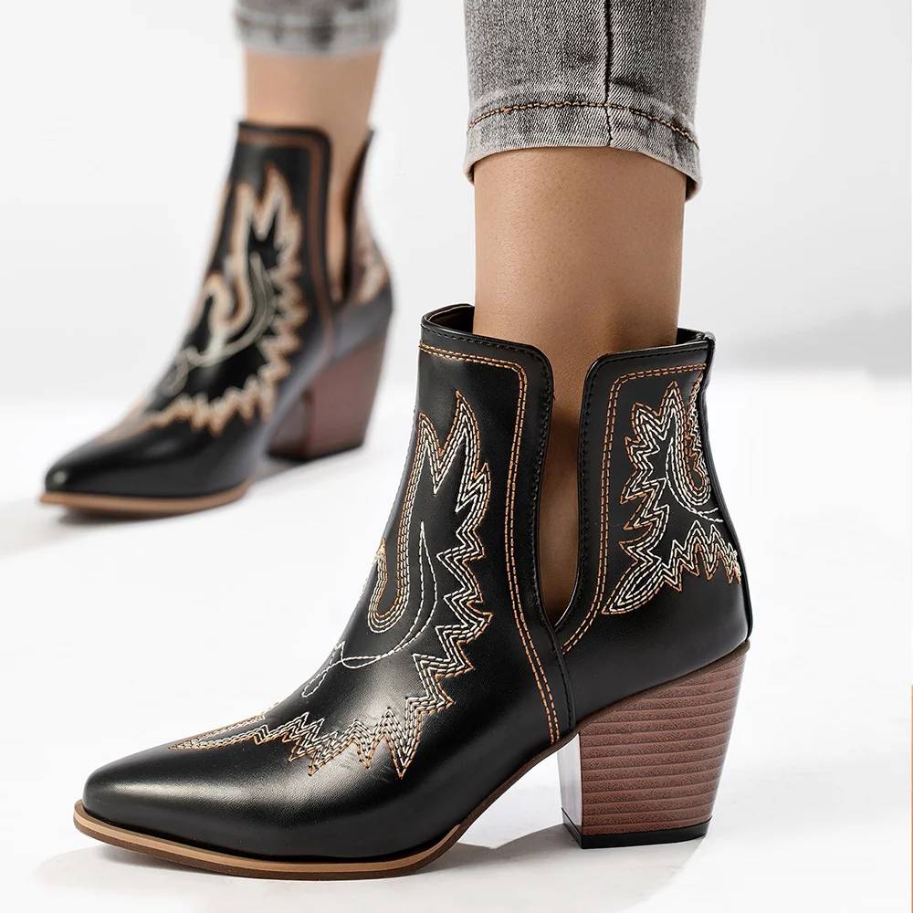 Black Closed Pointed Toe Western Ankle Boots With Chunky Heels Nicepairs