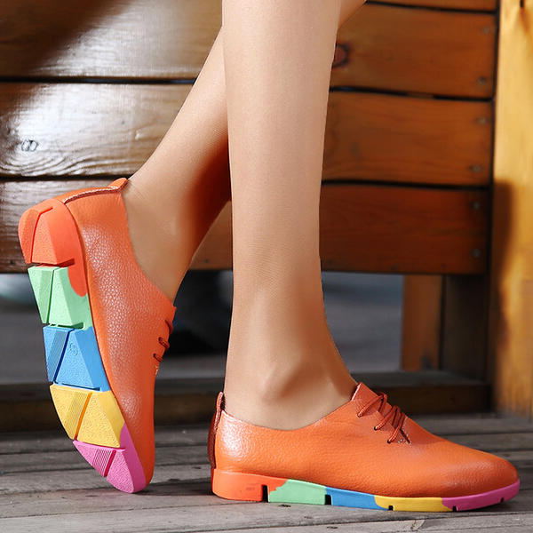 Women's Leatherette Flat Heel Flats With Lace-up Splice Color shoes -loafers