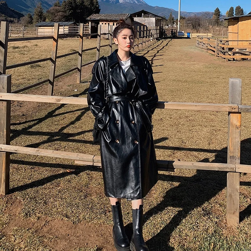 Brand New Fashion Oversize Black PU Leather Trench Coat for Lady Double-Breasted Long with Belt Women Duster Coat Spring Autumn