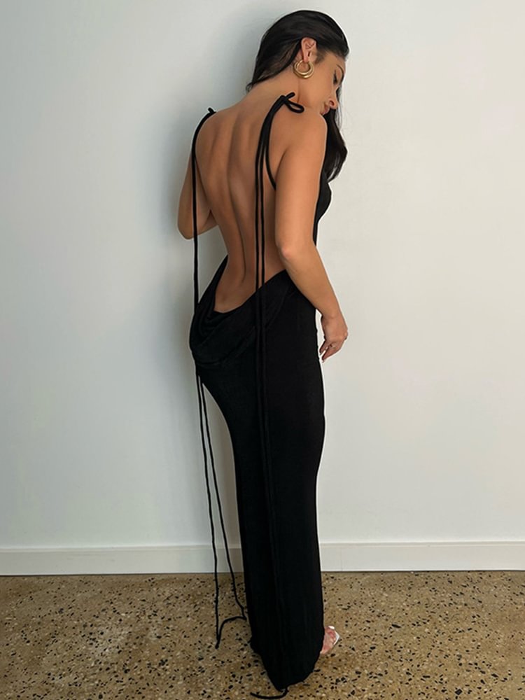 Uveng Sexy Spaghetti Strap Backless Maxi Dress Women Slim Drawstrings Sleeveless Beach Dresses Outfits 2022 Summer Y2K Robe