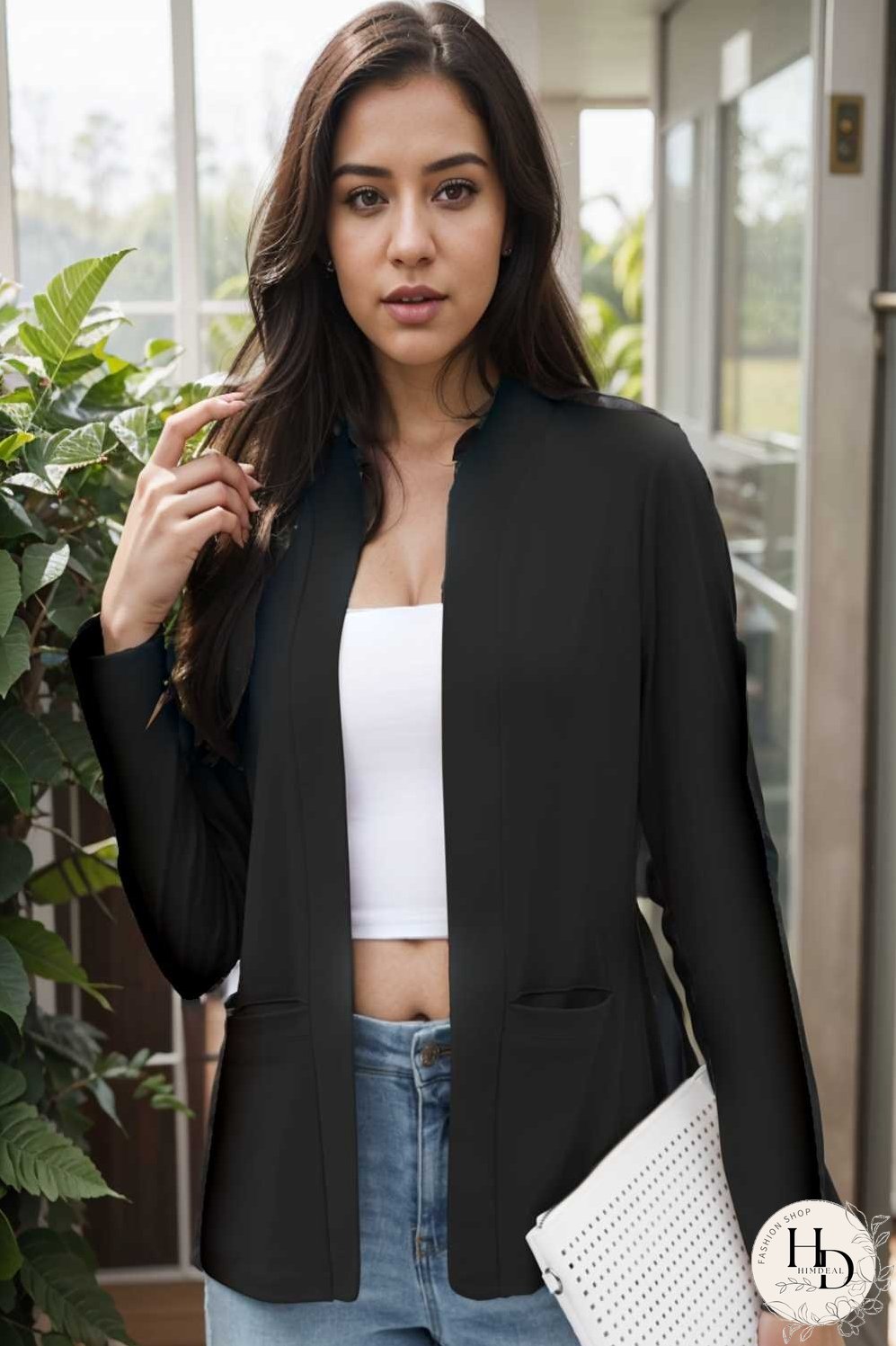 solid long sleeves pockets open front versatile blazer