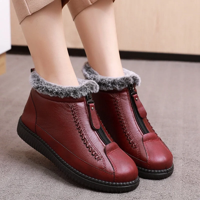 GKTINOO Winter New Leather Waterproof Snow Boots Women's Plus Velvet Warm Short Boots Ladies Casual Lightweight Flat Boots