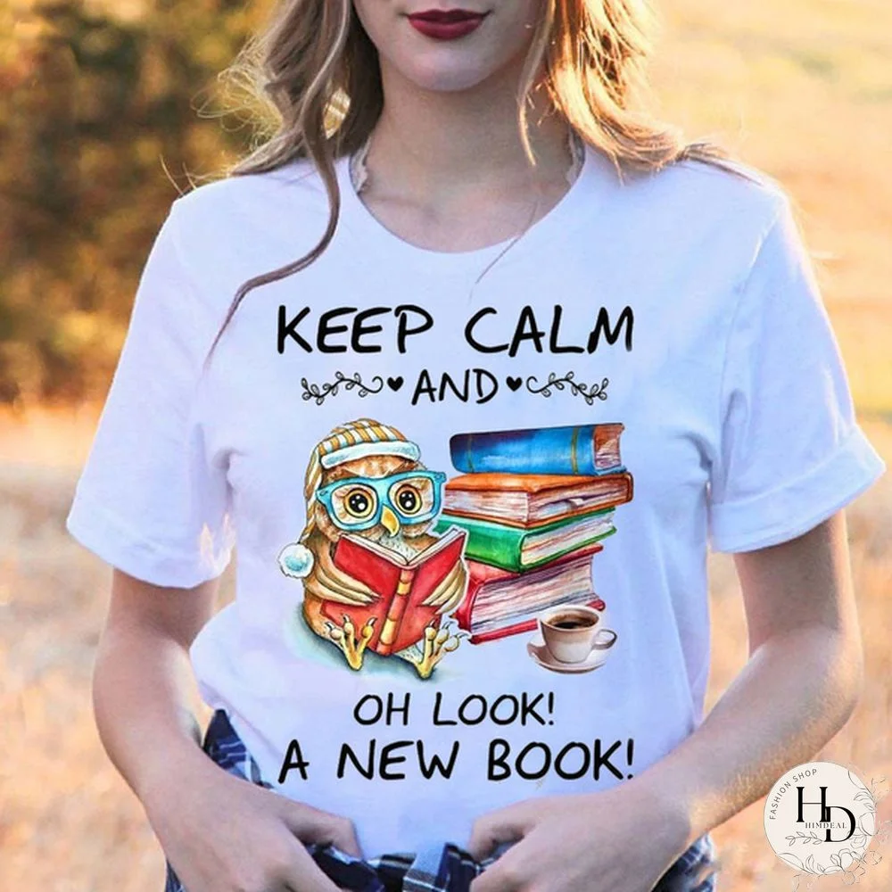 Keep Calm and Oh Look A New Book Owl White T-shirt Gift for Reading Books Lovers T-shirt