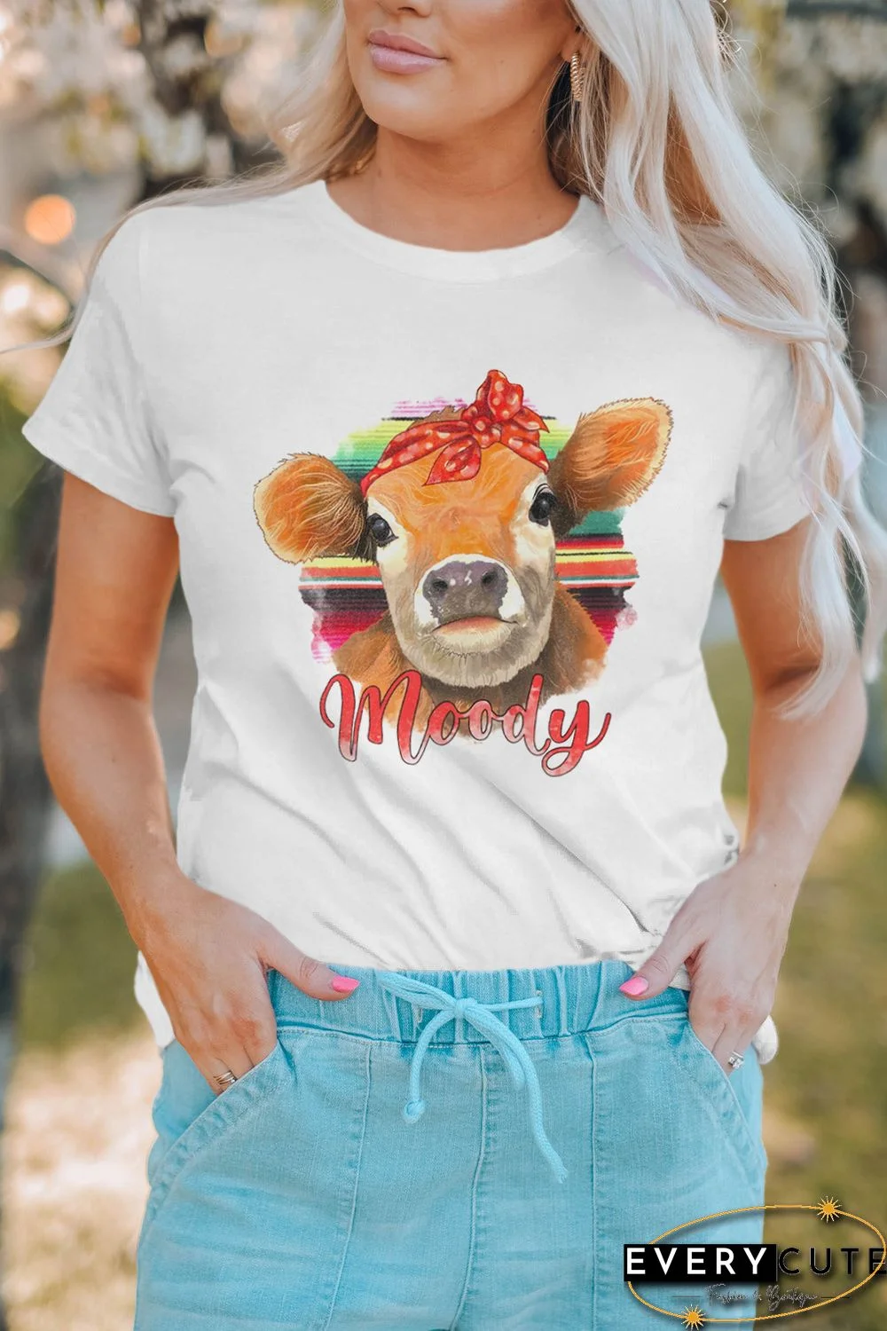 White Moody Heifer Serape Animal Graphic Tee