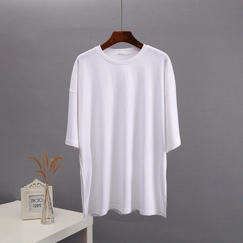 Athvotar Athvotar Loose Open Fork Cotton Short-Sleeved T-Shirt Women Comfortable Round Neck Solid Color T Hot Sale
