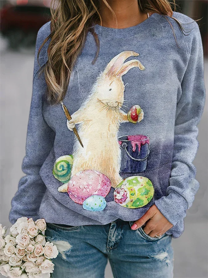 Comstylish Women's Easter Bunny Egg Print Sweatshirt