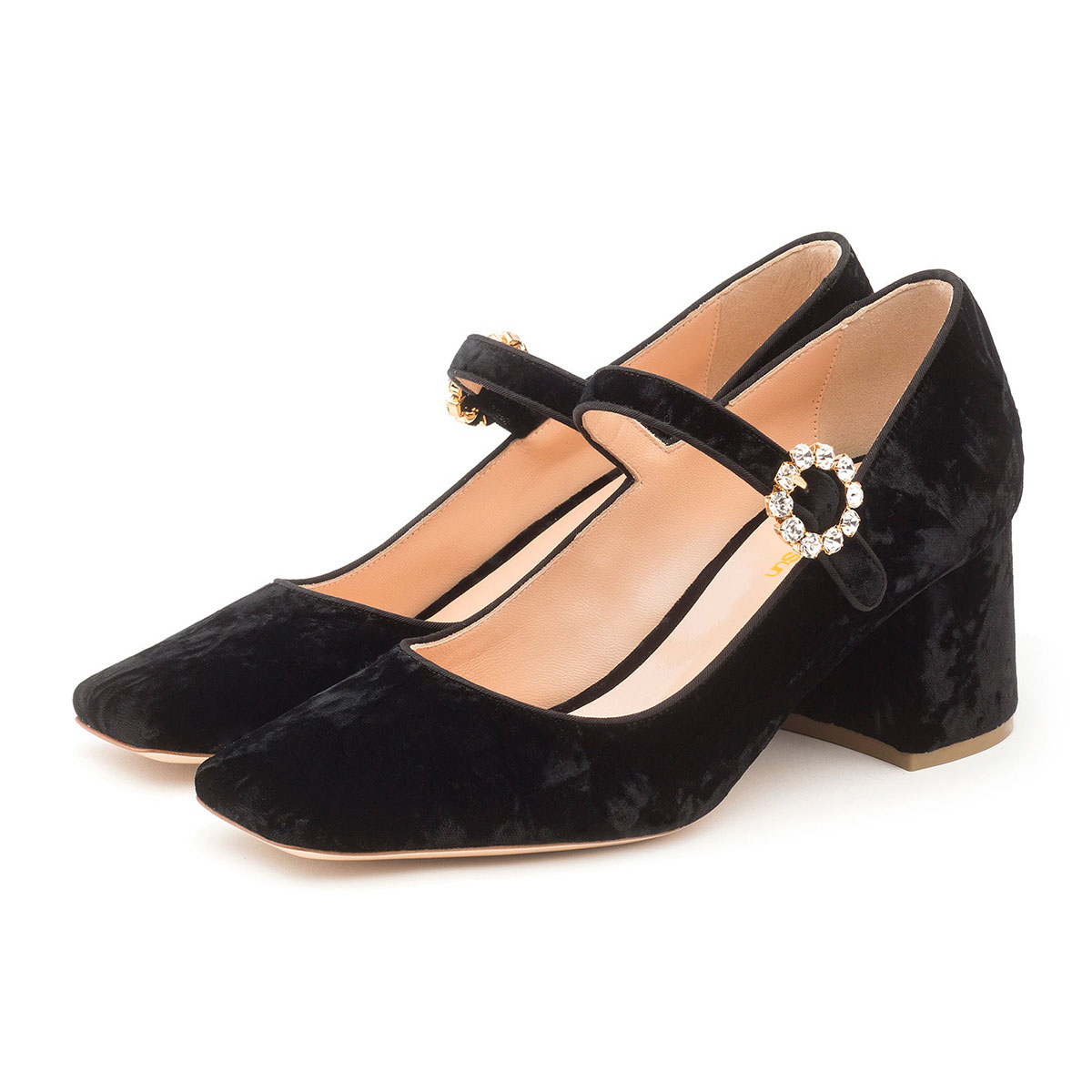 Velvet Square Toe Block Heel Black Pumps with Rhinestone Buckle Strap Nicepairs