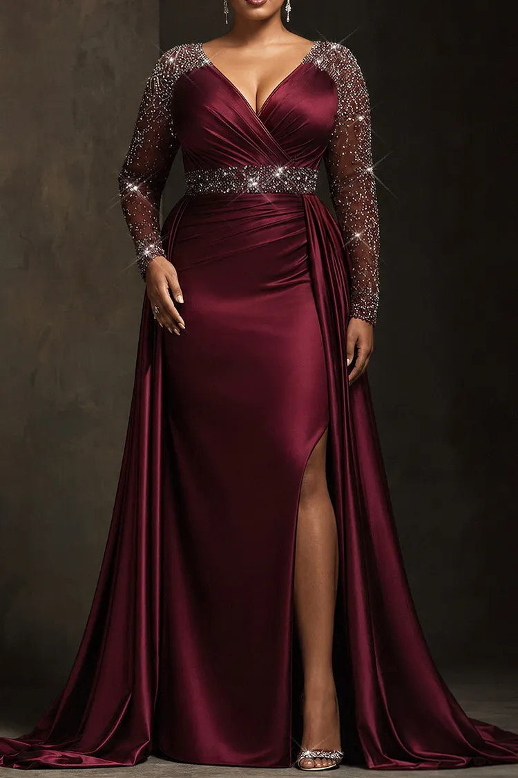 burgundy wrap dress plus size Xpluswear Design Formal Tulle Neck Long Sleeve Split With Skirt Overlay Satin Maxi Dresses [Pre-Order] KissProm Simple Black Halter