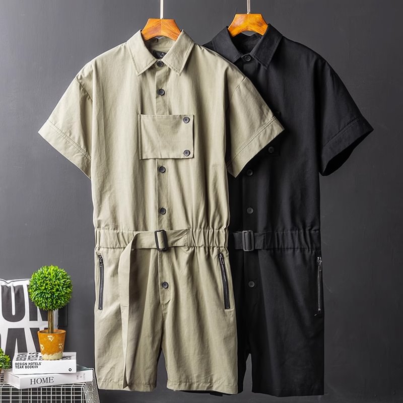 Retro Belt Cargo Short Sleeve Shorts Jumpsuit