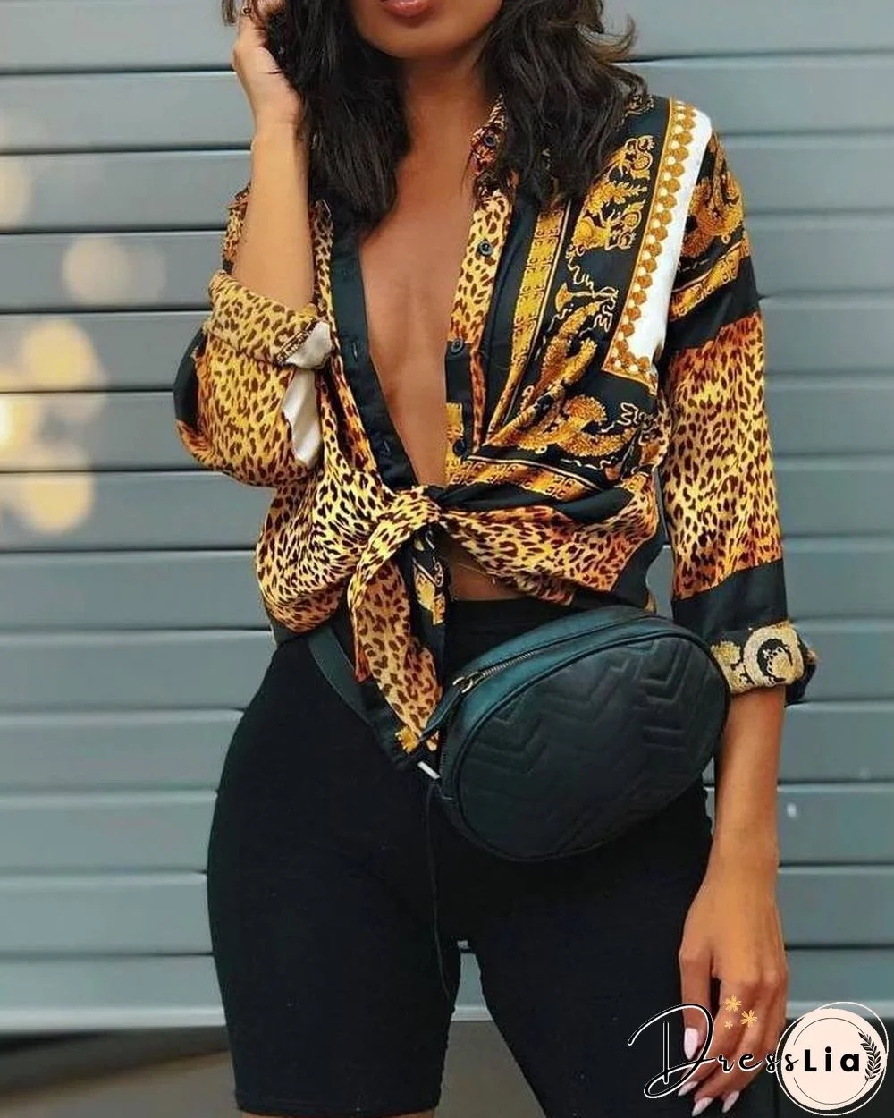 Leopard Print Knot Front Long Sleeve Blouse