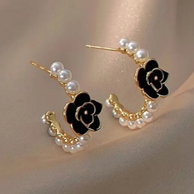 3 Pieces Sweet Heart Shape Rose Flower Inlay Imitation Pearl Alloy Rhinestones Earrings