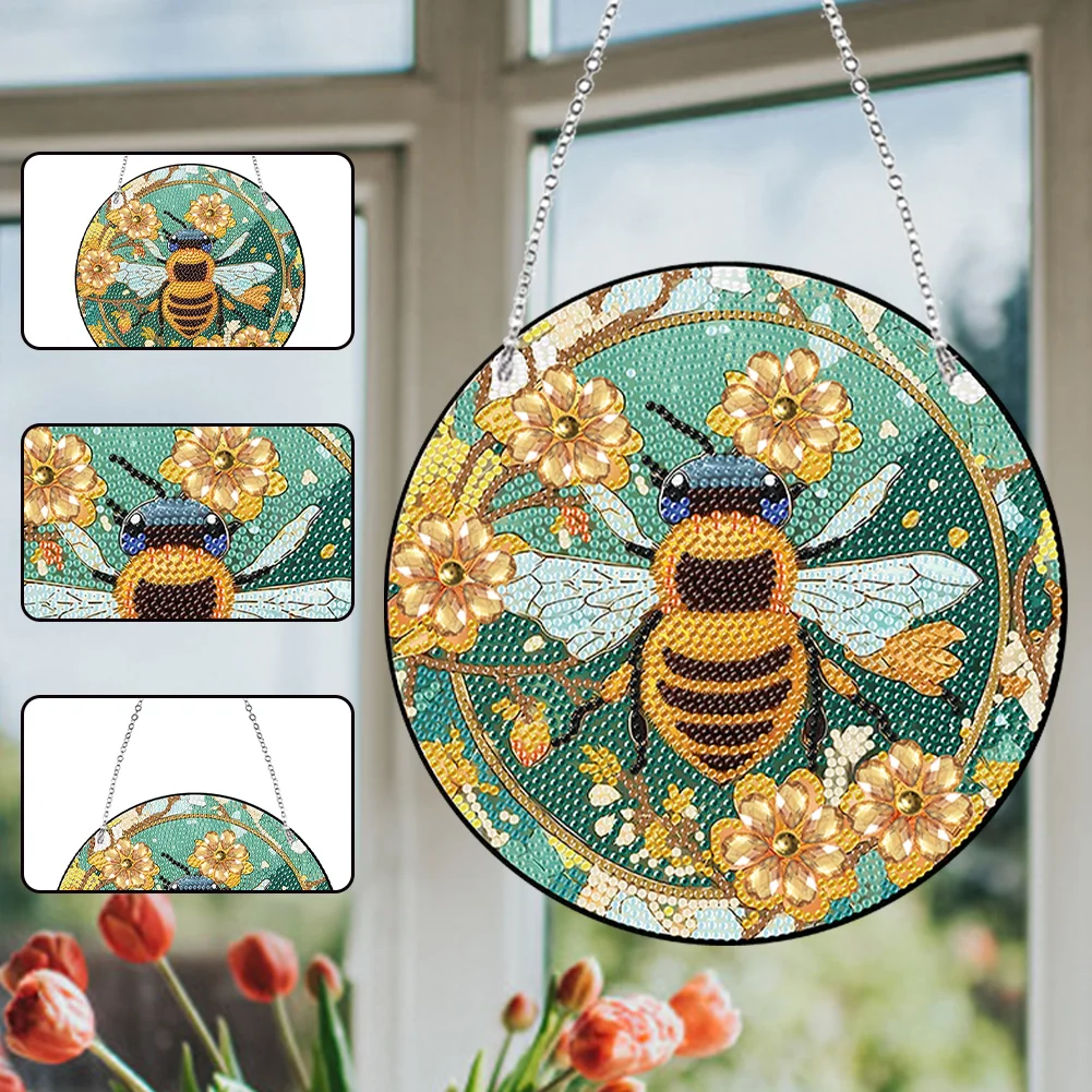 DIY Stained Glass Flower Bee Single-Sided Acrylic Wreath Angel Diamond Painting Hanging Pendant Wall Decor
