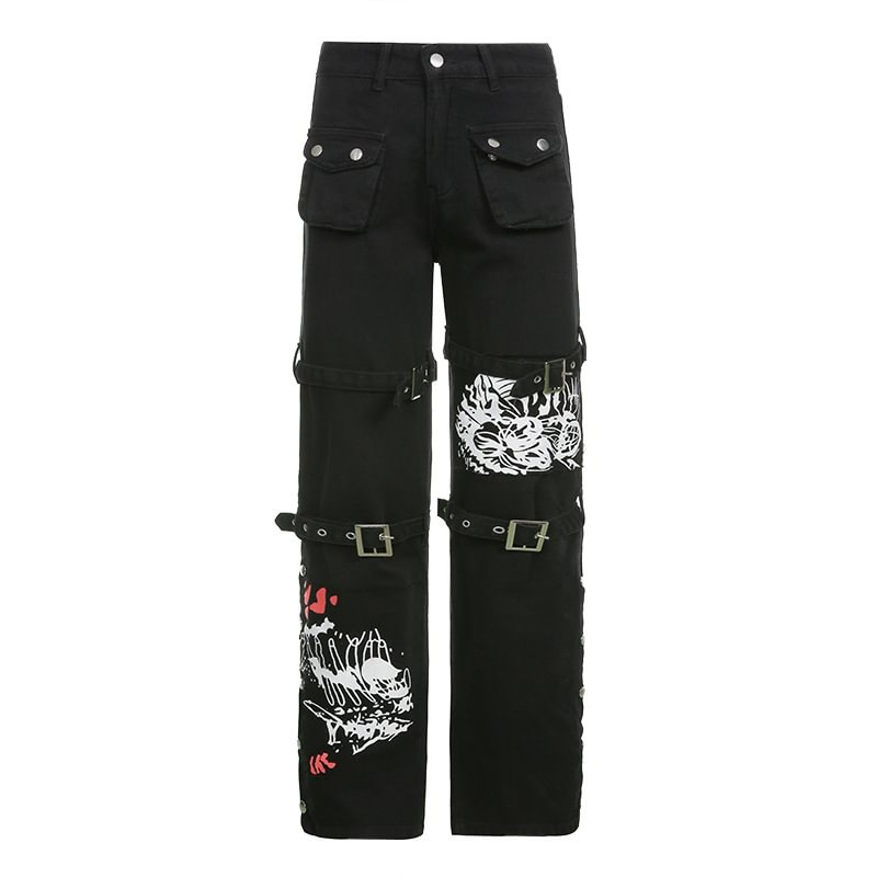 Street Tide Kuge Special Wind Printed Washed Jeans Autumn Leg Trousers