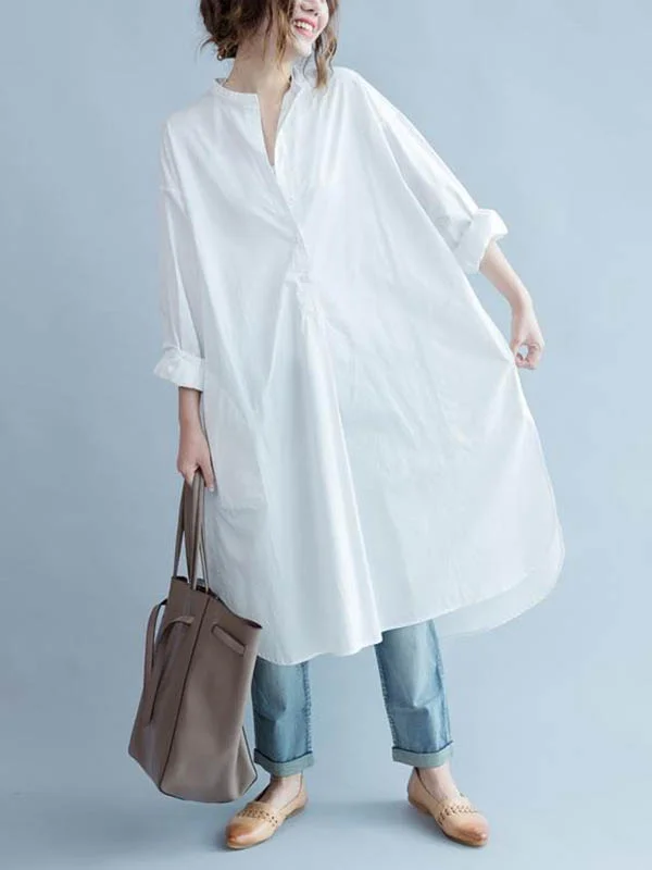 High-Low Long Sleeves Buttoned Solid Color Split-Side Lapel Midi Dresses Shirt Dress