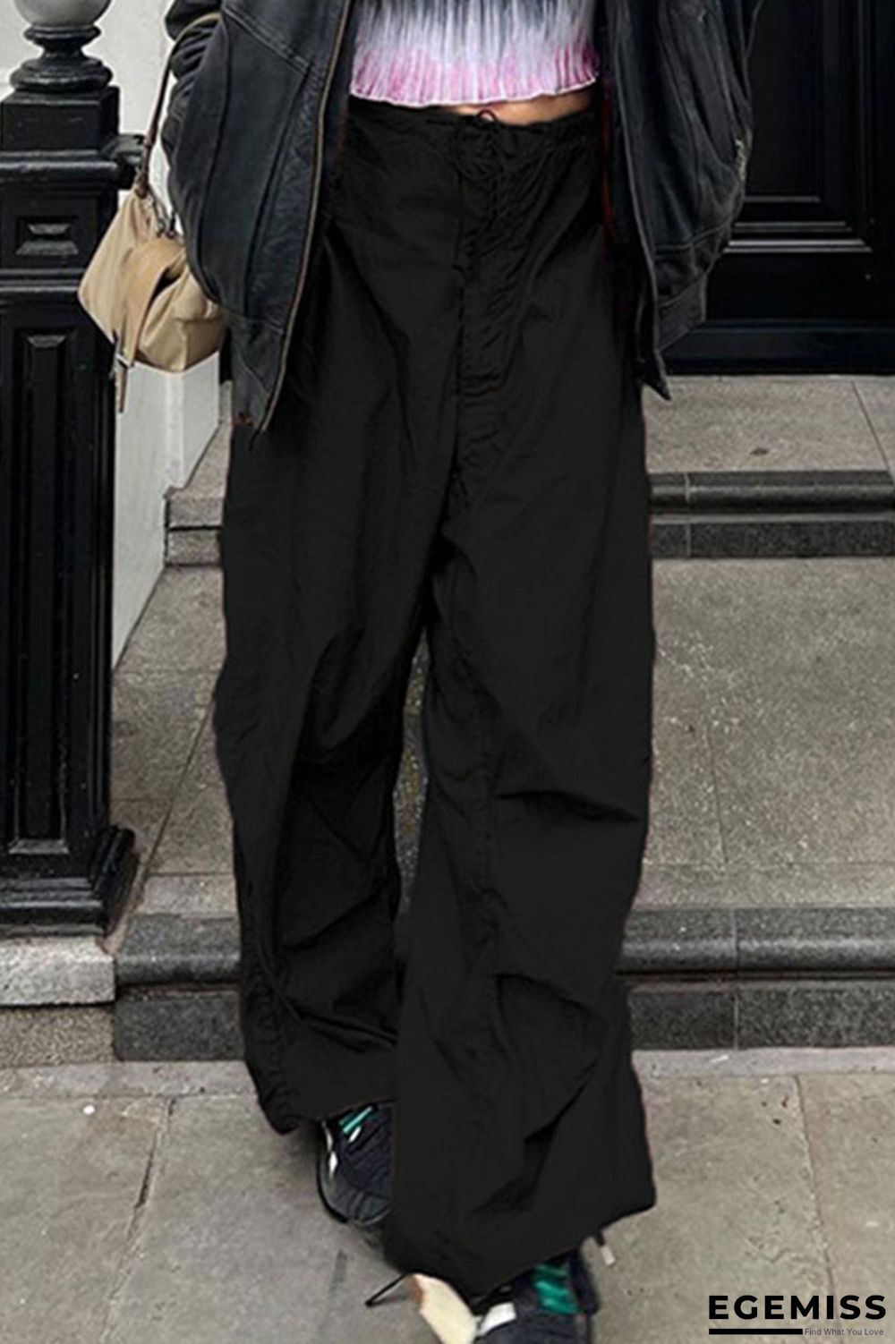 Black Casual Street Solid Patchwork Pocket Straight Low Waist Wide Leg Solid Color Bottoms | EGEMISS